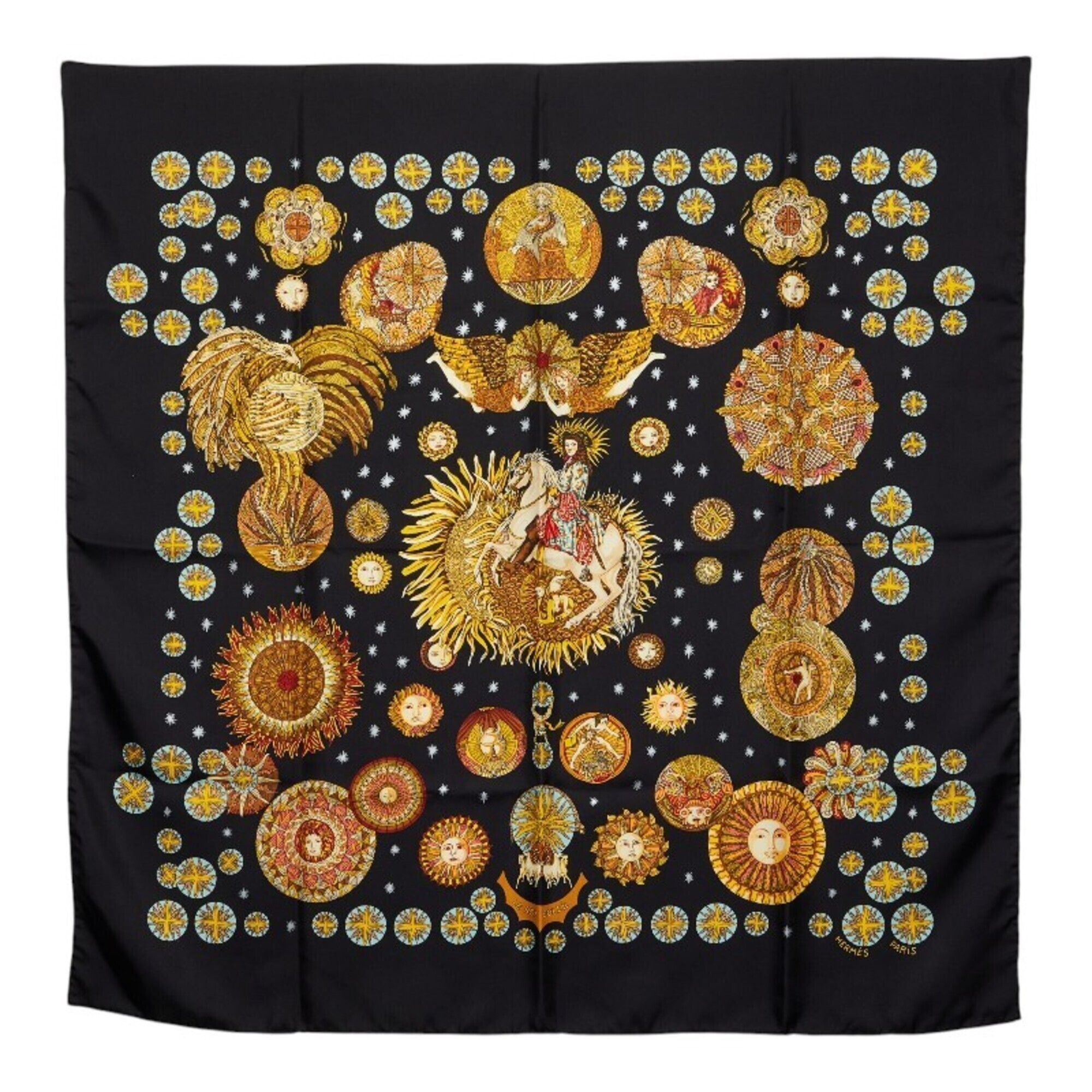 Hermes Carre 90 "Le Roy Soleil" (Sun King) Scarf/Muffler, Black Silk, Women's.